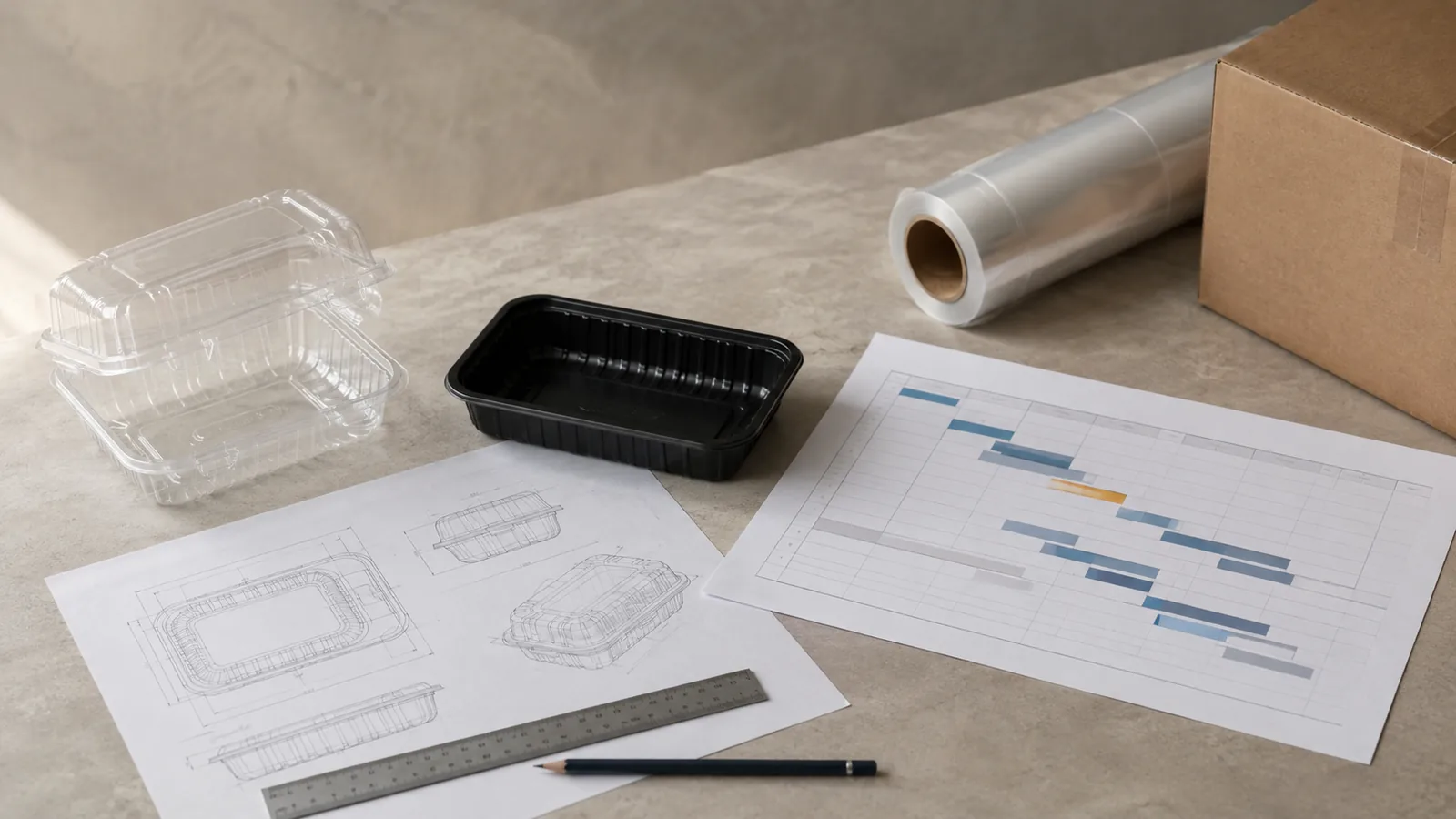 Packaging samples, technical drawings and a production timeline arranged for lead-time planning