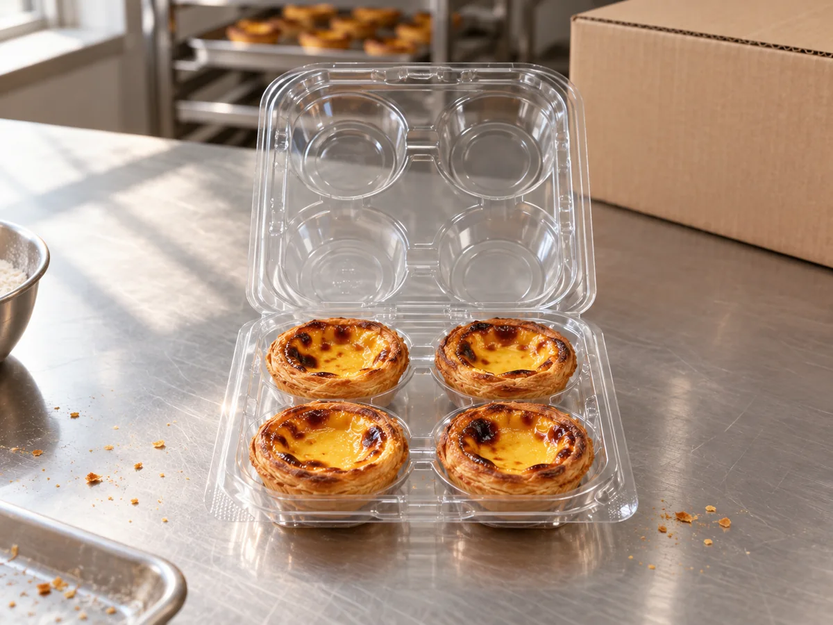 Four egg tarts arranged in a clear four-cavity bakery container on a packing bench
