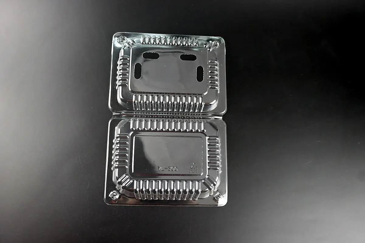 Open clear PET clamshell showing its base, lid, hinge, rim and vents
