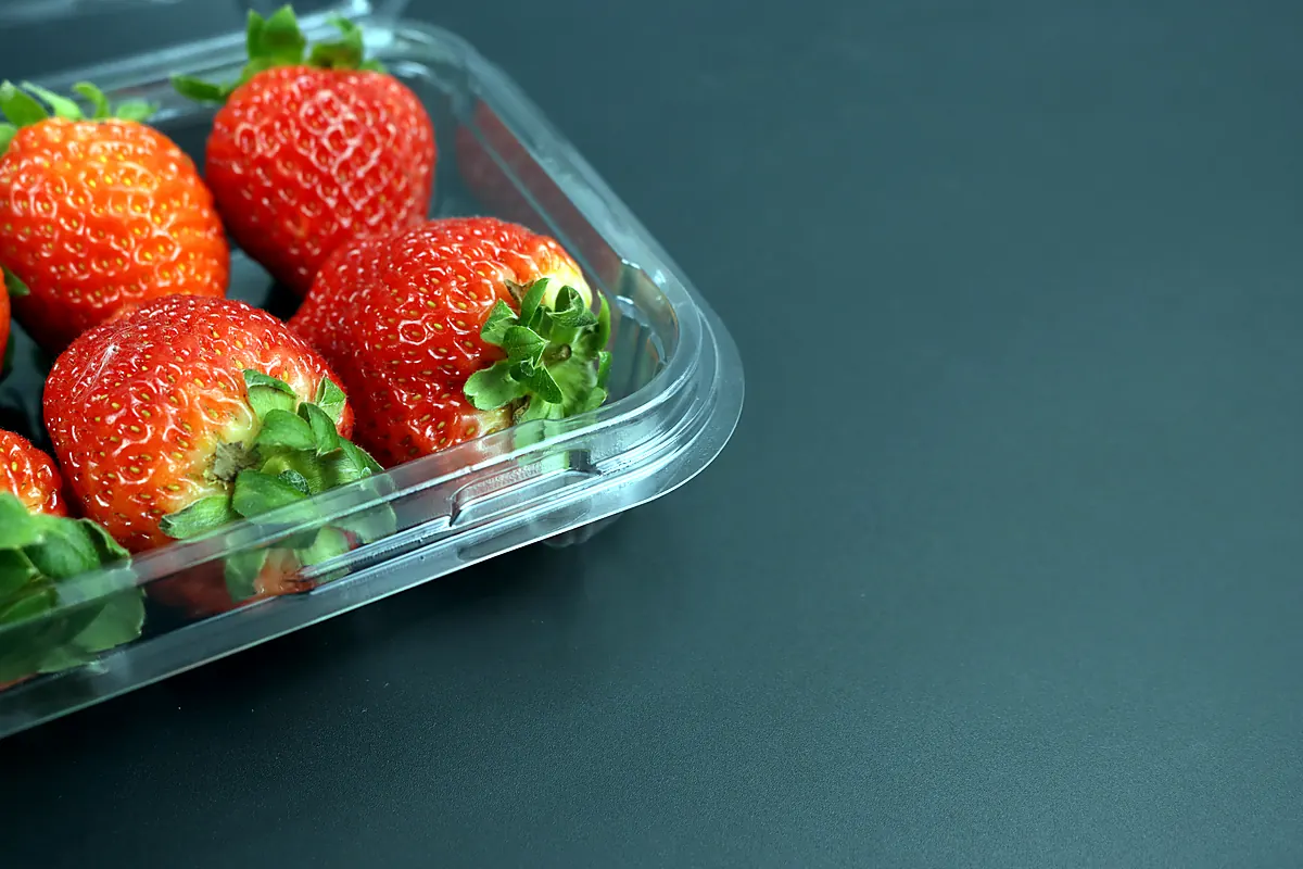 Close view of the rim and closure on a clear strawberry clamshell