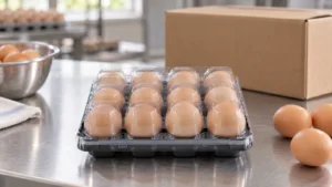 Twelve-count plastic egg tray on a commercial packing table with an unbranded shipping carton