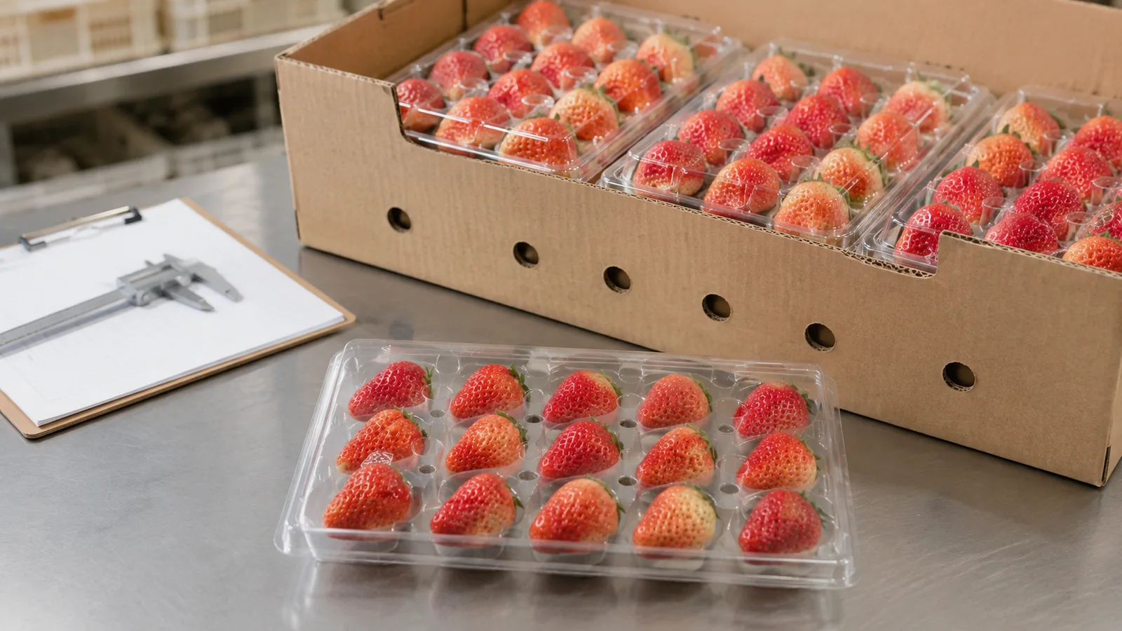 Strawberry clamshell packs being checked with a ventilated shipping carton
