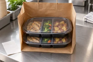 Two sealed three-compartment takeaway food containers stacked inside an unbranded paper delivery bag